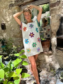 DRESS NO SLEEVES FREE FLOWERS ECRU