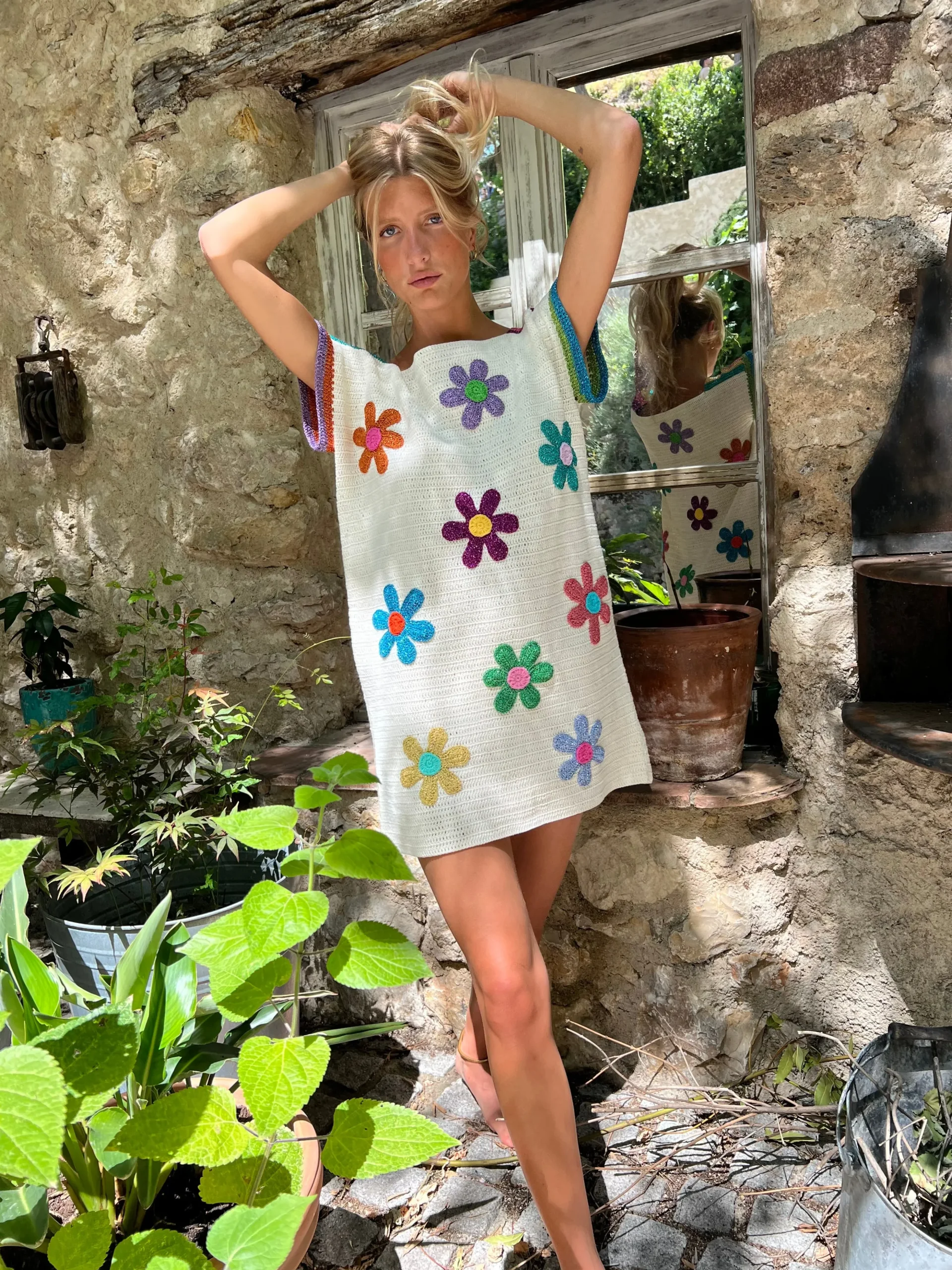 DRESS NO SLEEVES FREE FLOWERS ECRU