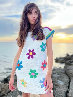 DRESS NO SLEEVES FREE FLOWERS ECRU