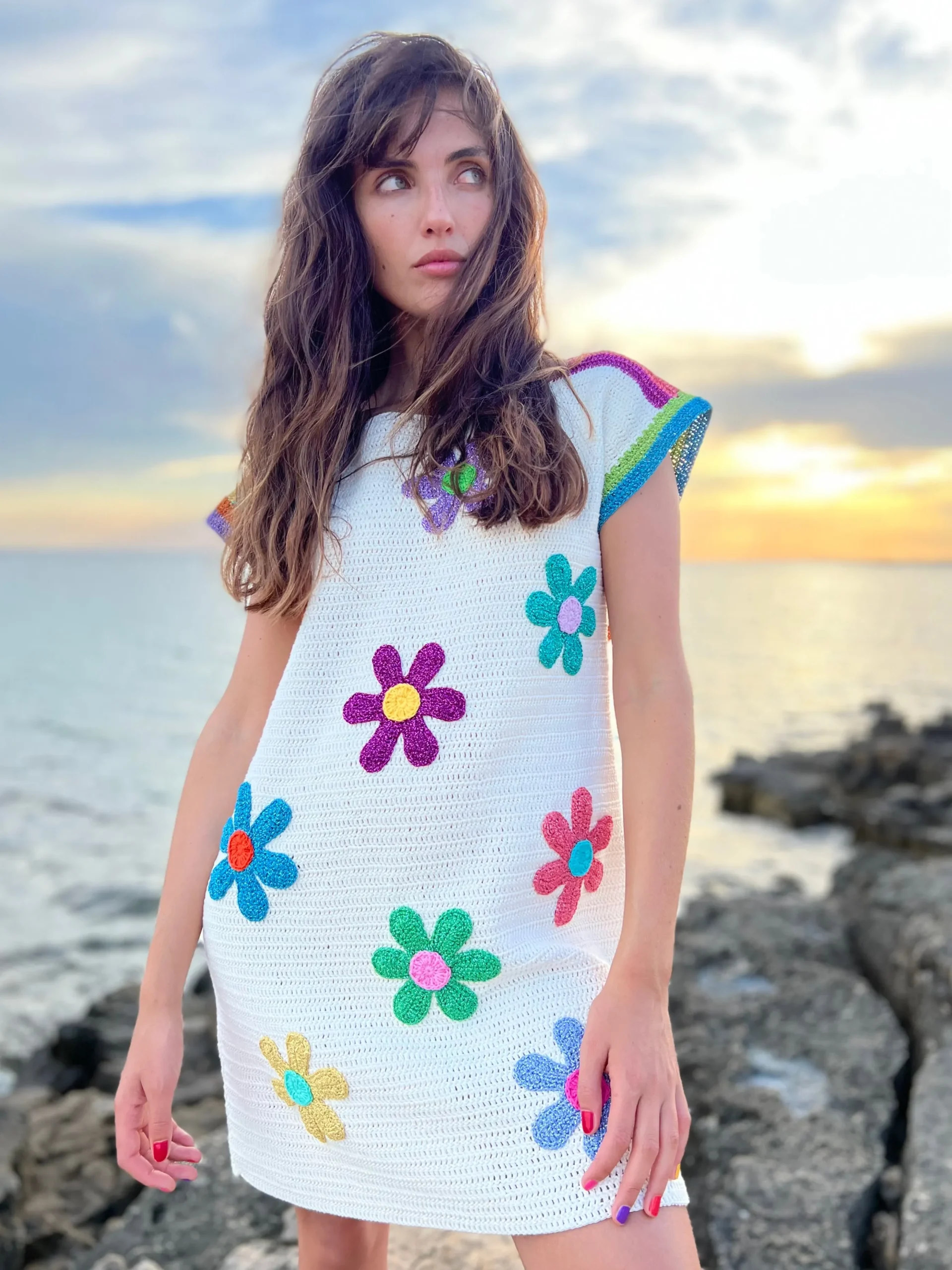 DRESS NO SLEEVES FREE FLOWERS ECRU
