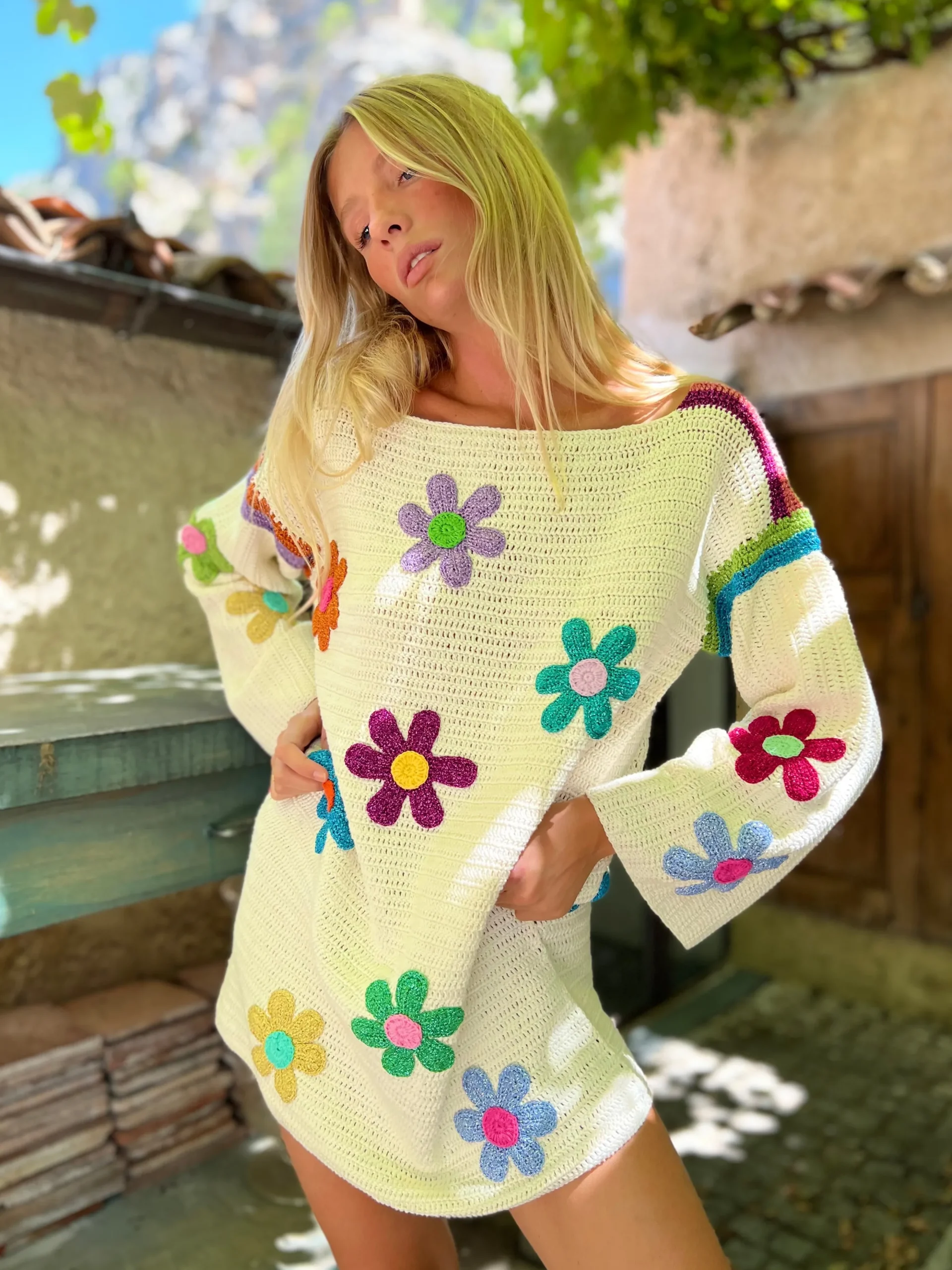 DRESS SLEEVES FREE FLOWERS ECRU