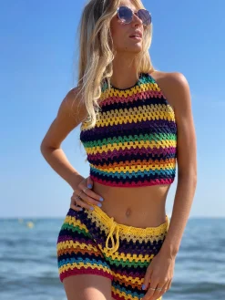 NAVY / YELLOW STRIPES HALTER TOP