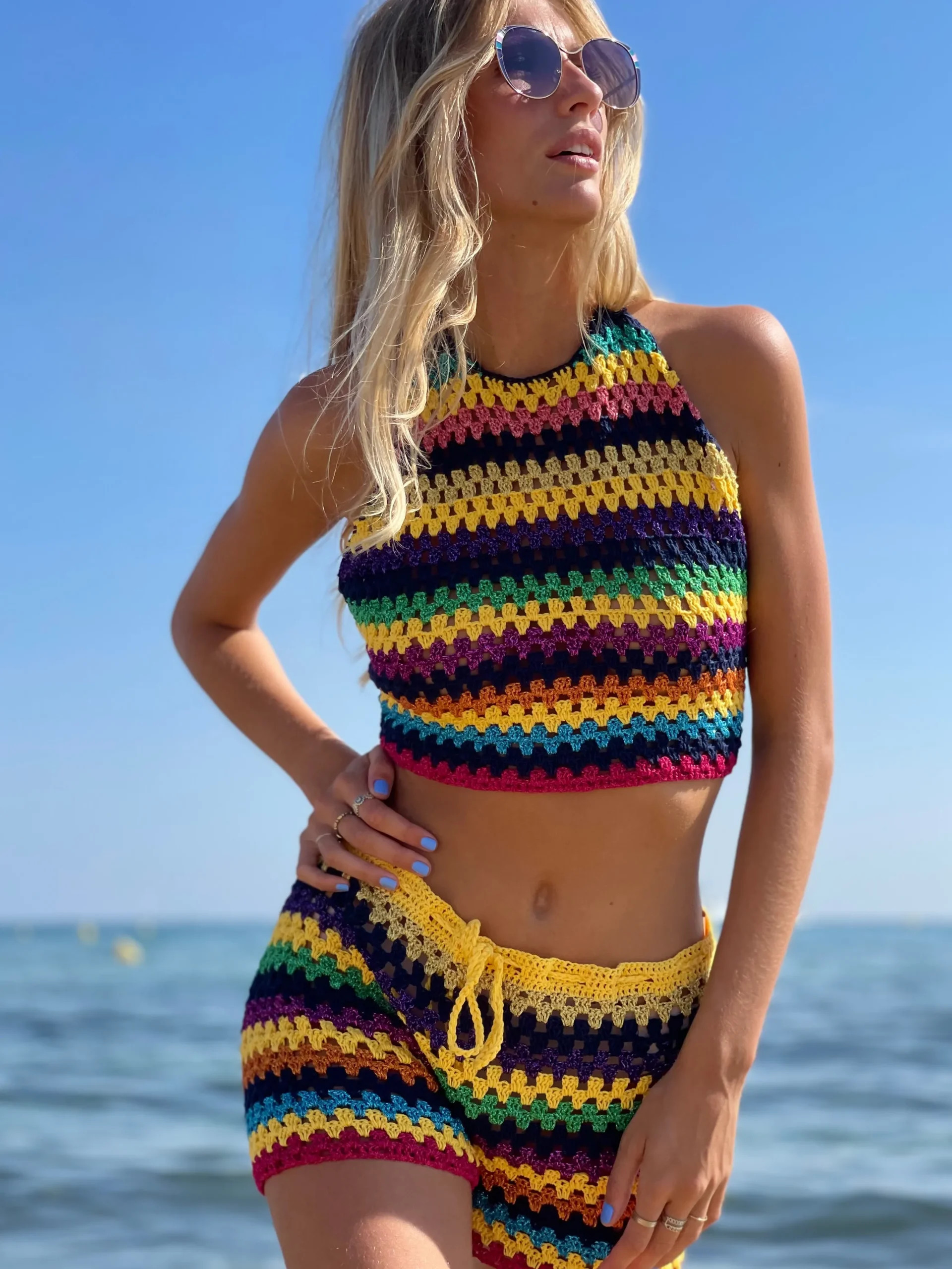 NAVY / YELLOW STRIPES HALTER TOP