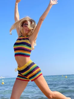NAVY / YELLOW STRIPES HALTER TOP
